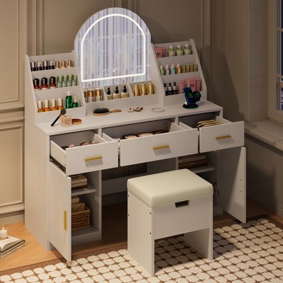 YONWAY 47.2" Makeup Vanity, Dressing Table Set with Mirror Cushioned Storage Stool Two Organizers 3 Drawers 2 Cabinets, for Bedroom, White