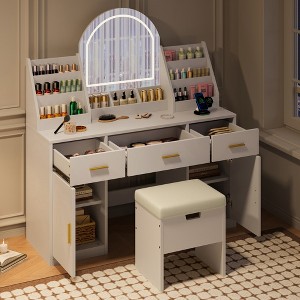 YONWAY 47.2" Makeup Vanity, Dressing Table Set with Mirror Cushioned Storage Stool Two Organizers 3 Drawers 2 Cabinets, for Bedroom, White - 1 of 4
