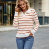 Garvee Women's Polo Sweater Striped Collared Lightweight Long Sleeve V Neck Pullover Fall Sweater Tops - 3 of 4