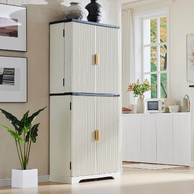 SinCiDo Fluted Kitchen Pantry with 4 Doors and Adjustable Shelves, 72″ Tall Modern Pantry Cabinet with Drawer, Wood Cupboard for Kitchen, Off White