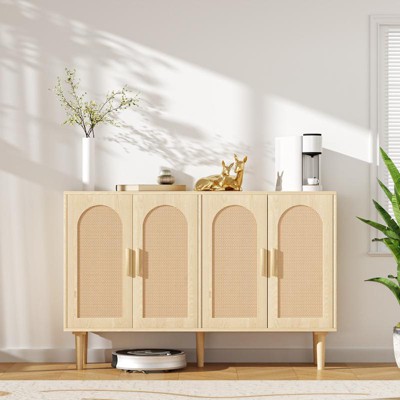 Glasflength Decorative Storage Cabinets, Rattan Buffet Sideboard Cabinet Cupboard for Kitchen, Living Floor Cabinet, Yellow 47.2"*13.8"*31.1"