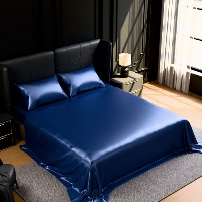 Skyzone Queen Size 4-Piece Satin Bedding Set - Silky 90GSM Sheets with 15" Deep Pocket, Navy Blue, Navy Blue 90"x102" — фото 3