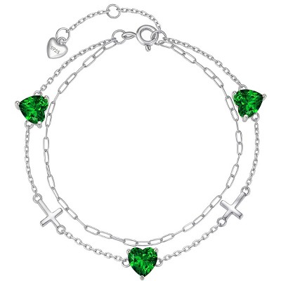 Molenia Birthstone Cross Bracelet for Women, S925 Sterling Silver Heart Dainty Link Charm Double Layer Jewelry Birthday Gift for Her