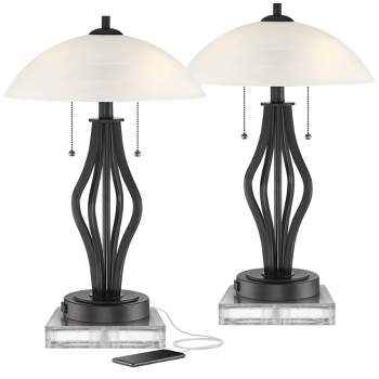 360 Lighting Heather Modern Accent Table Lamps Set of 2 with Square Risers 22 1/2" High Iron USB and AC Power Outlet in Base Off White Glass for Desk