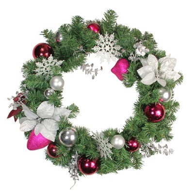 Northlight 24" Unlit Purple/Silver Poinsettia, Eucalyptus Artificial Christmas Wreath