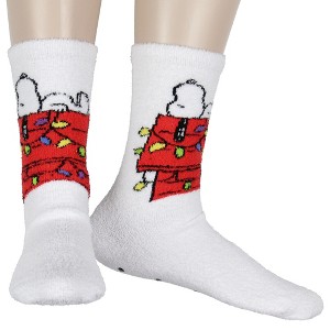 Snoopy Gripper Socks Peanuts Snoopy Dog House Festive Holiday Christmas Lights Men's Fuzzy Gripper Slipper Socks OSFM For Men and Women Multicolored - 1 of 4