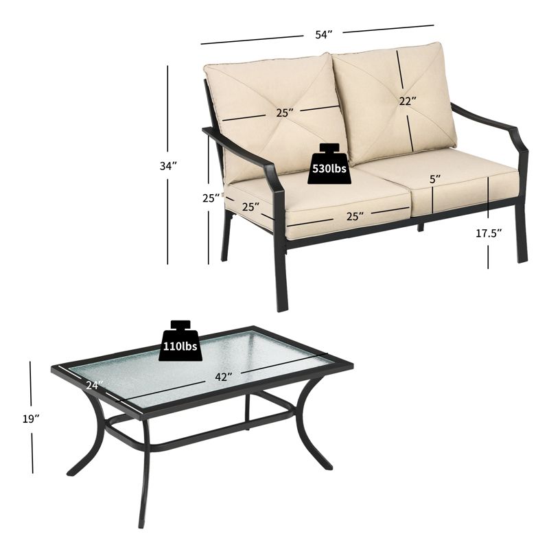 Tangkula 2PCS Patio Loveseat & Coffee Table Set Outdoor Cushioned Sofa for Garden Backyard, 4 of 7