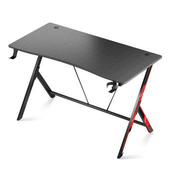 MOTPK 47 Inch Wide Space Saving Carbon Fiber Computer PC Gaming Desk with Built In Cup Holder, Headphone Hook, and Sturdy Y-Shaped Metal Frame, Black