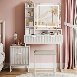 Gold Vanity Makeup Desk, Vanity Set with Mirror and 3-Mode Lights, 5 Drawers Vanity Table with Removable Side Storage Cabinet, Stool for Bedroom - 1 of 4