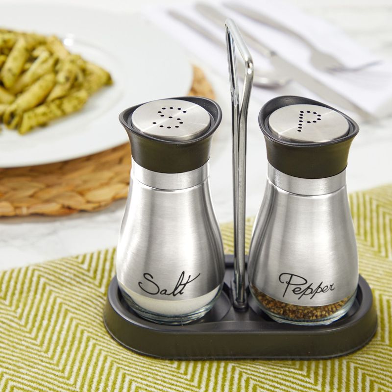 Juvale 2 Pack Salt and Pepper Shakers Refillable Dispenser with Stand, Stainless Steel with Glass Bottom, Silver, 4 Oz, 3 of 11