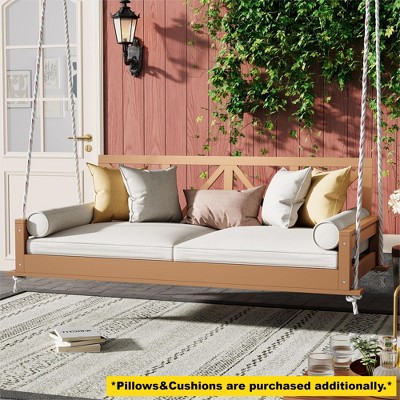 Whisen Twin Size Acacia Wood Modern Patio Swing Bed with Hemp Ropes - Natural