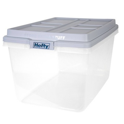 Hefty 72 qt. Clear Plastic Storage Bin with Blue Hi-Rise Lid, 6 Pack