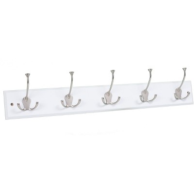 BirdRock Home Tri Hook Coat Rack - 5 Hooks - Wall Mount Hat Rack - White Finish - Satin Nickel Hooks