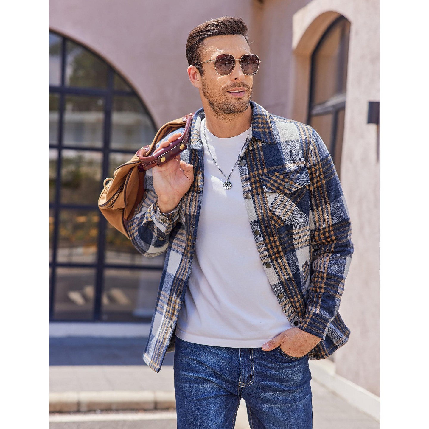 Мужская куртка COOFANDY Flannel Shackets for Men Plaid Cotton Lined Jacket Long Sleeve Warm Thick Fall Outwear Shirt Jackets with Pockets Dark Blue XL Dark Blue, цвет: Тёмный синий — фото 3