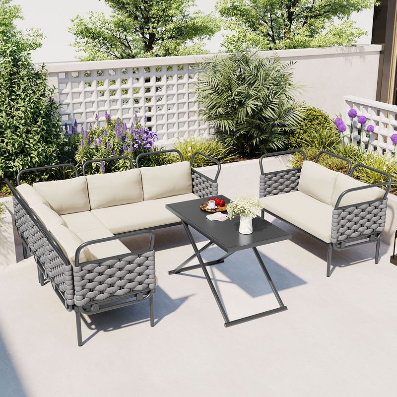Carrie 5-Piece Patio Sectional Sofa Set, Woven Rope Patio Conversation Set with Glass Table and Cushions, Outdoor Furniture - Maison Boucle, 1 of 9