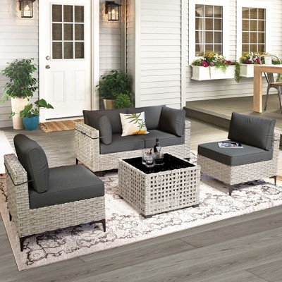 XIZZI 5PCS Furniture Set, Rattan Modular Sectional Sofa, Outside Coversation Set with Solar Coffee Table for Porch Balcony Backyard Poolside
