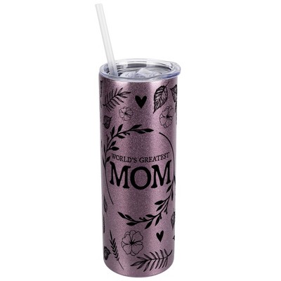 Elanze Designs Floral Rose Gold 20 Ounce Double Wall Stainless Steel Glitter Travel Tumbler With Sliding Lid And Straw, World's Greatest Mom