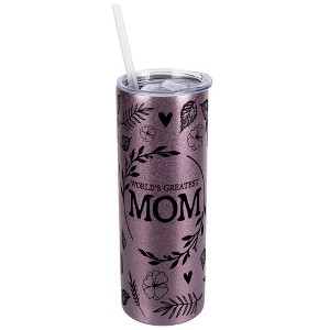 Elanze Designs Floral Rose Gold 20 Ounce Double Wall Stainless Steel Glitter Travel Tumbler With Sliding Lid And Straw, World's Greatest Mom - 1 of 4