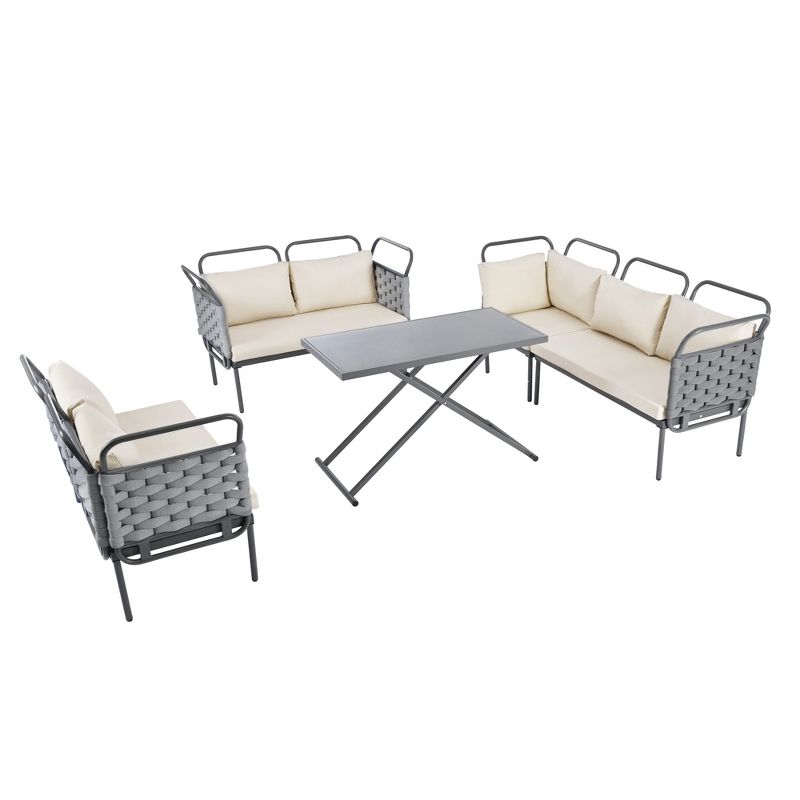 Carrie 5-Piece Patio Sectional Sofa Set, Woven Rope Patio Conversation Set with Glass Table and Cushions, Outdoor Furniture - Maison Boucle, 2 of 9