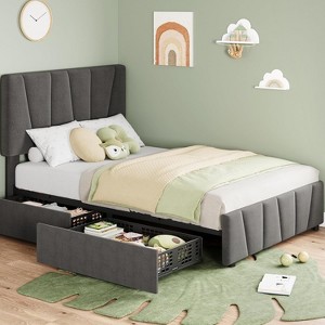 Upholstered Platform Bed Frame with Adjustable Headboard, 2 Built-In Storage Drawers & Wooden Slat Support, No Box Spring Required - 1 of 4