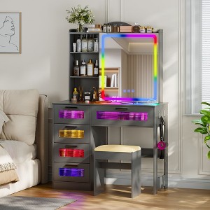 Vlsrka Vanity Desk with Sliding Mirror and LED Lights, RGB Vanity with Charging Station - 1 of 3