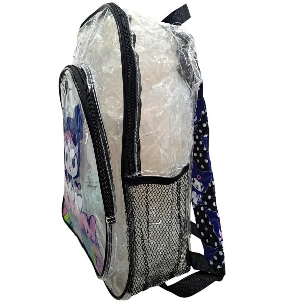 Mochila transparente de 16 pulgadas de Hello Kitty Kuromi con bolsillo frontal, negra y transparente 4