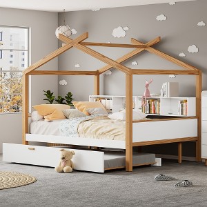 Whisen Wooden Full Size House Bed and Original Wood Colored Frame with Drawer, Desk and Bookshelf - 1 of 4