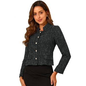 INSPIRE CHIC Women's Plaid Tweed Long Sleeve Button Down Work Office Short Jacket - 1 of 4