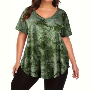 Women's Short Sleeve Shirt Tops Plus Size Tie Dye Casual Loose Fit Tunic Tops With Pocket - 1 of 4