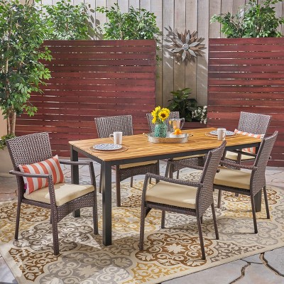 GDFStudio Opal Outdoor Wicker and Acacia Wood 7 Piece Dining Set with Cushion, Teak/Cream