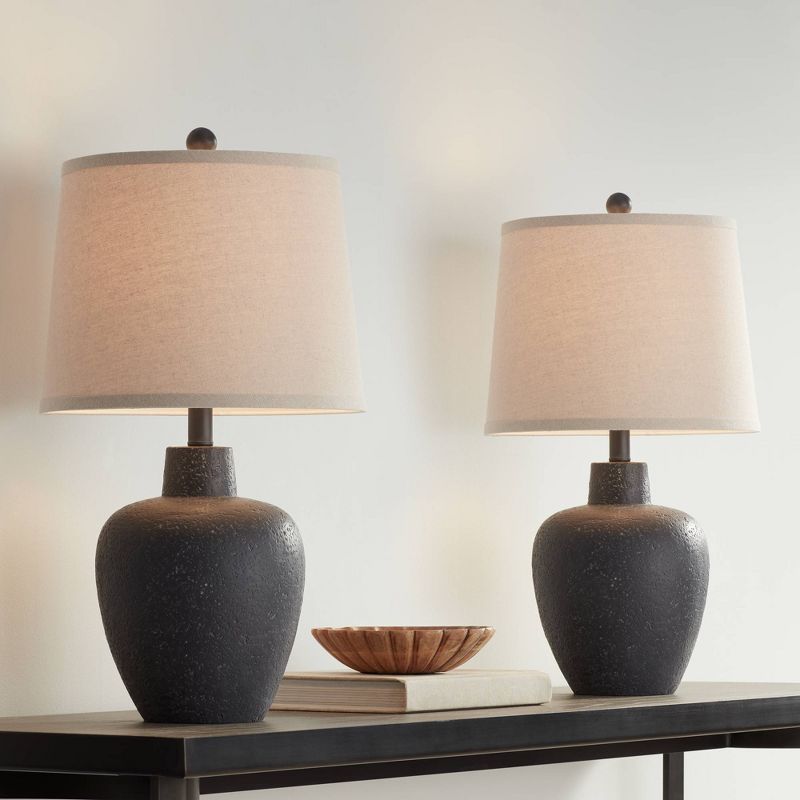 360 Lighting Romeo 23 1/2" High Jar Small Modern Coastal Accent Table Lamps Set of 2 Stone Gray Finish Beige Shade Living Room Bedroom Bedside, 2 of 10