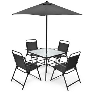 Tangkula 6-Piece Patio Dinning Sets Garden Table Set Outdoor Folding Chairs & Glass Table Set w/ Umbrella Grey - 1 of 4