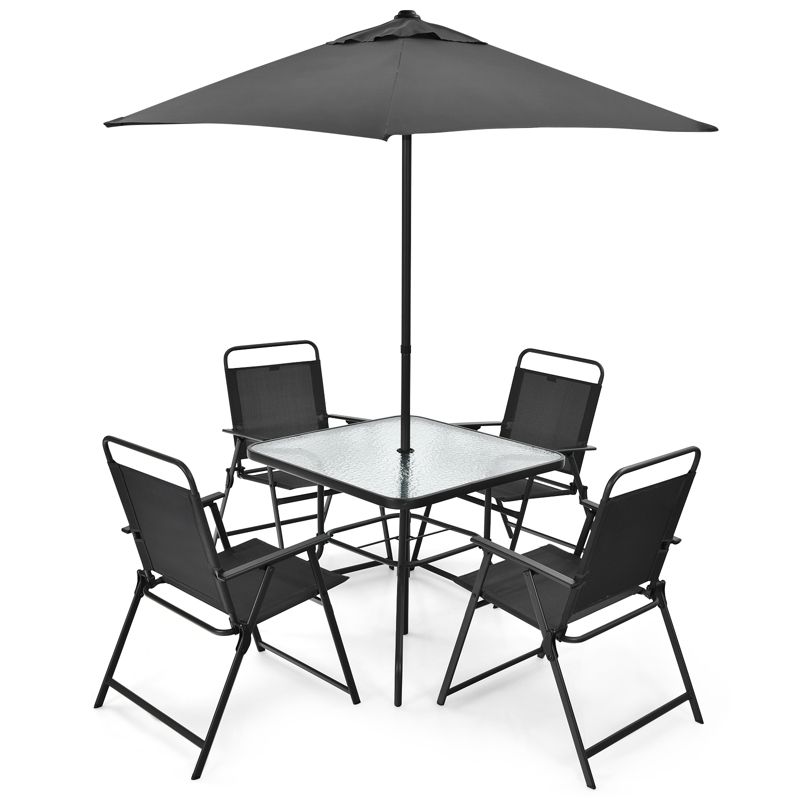 Tangkula 6-Piece Patio Dinning Sets Garden Table Set Outdoor Folding Chairs & Glass Table Set w/ Umbrella Grey, 1 of 11