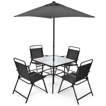 Tangkula 6-Piece Patio Dinning Sets Garden Table Set Outdoor Folding Chairs & Glass Table Set w/ Umbrella Grey