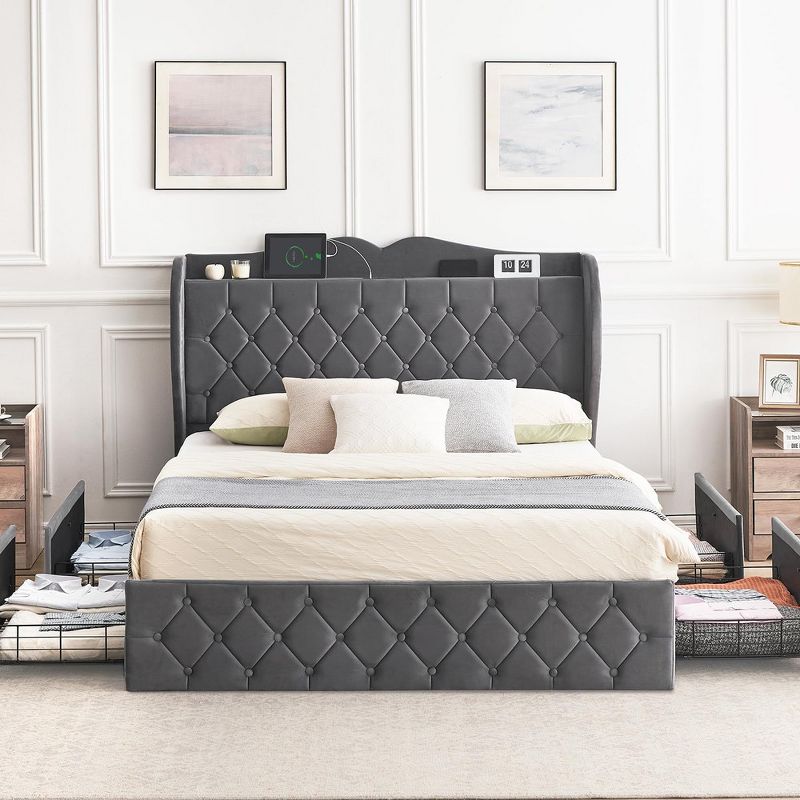 Full Queen Bed Frame with 4 Storage Drawers, Upholstered Platform Bed with Storage Headboard and Charging Station, Velvet Tufted & Wingback, Grey, 3 of 10