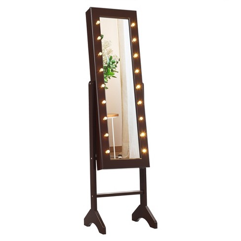 Costway Mirrored Jewelry Cabinet Jewelry Organizer w/2 LED Lights Brown