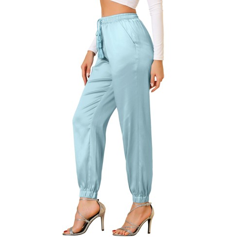 Allegra K Women's Drawstring Elastic Waist Ankle Length Satin Joggers with  Pocket Light Blue Medium