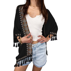 Anna-Kaci Swim Women's Boho Tassel Duster with Unique Embroidery and 3/4 Sleeves Design - 1 of 4