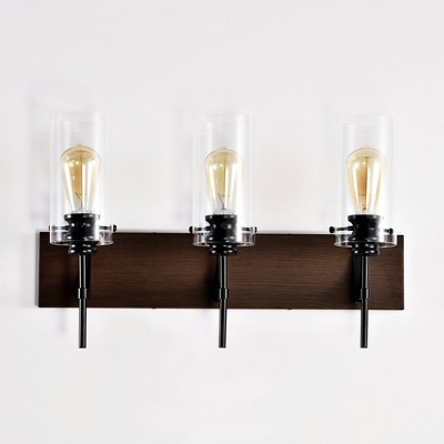 VYNXARIA Matte Black + Wood Wall Lights, 3-Light Vanity Fixture with Glass Shades for Bathroom and Bedroom