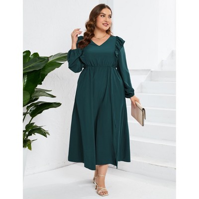 YESFASHION Women's Plus Size Fall Dress with Pocket Long Sleeves V Neck Side Split Long Maxi Dress