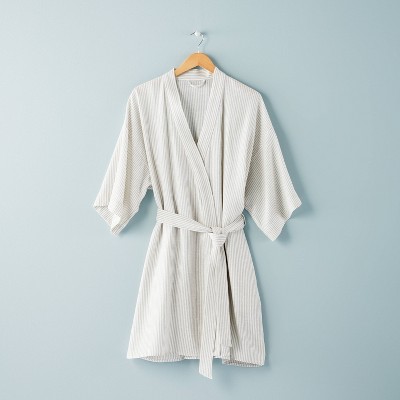 Women's Ticking Stripe Linen Blend Robe Cream/Gray - Hearth & Hand™ with Magnolia