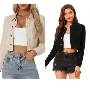 INSPIRE CHIC Women's Turn Down Frayed Button Down Washed Cropped Denim Jacket 2 Packs - 1 of 4