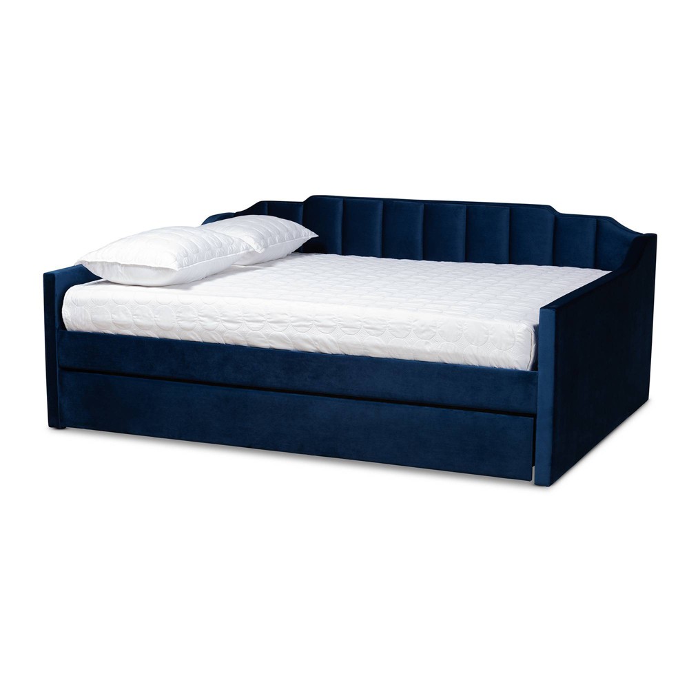 Photos - Bed Queen Lennon Velvet Fabric Upholstered Daybed with Trundle Navy Blue - Bax