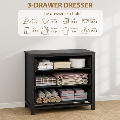 3-drawer dresser with storage icons and usage tips