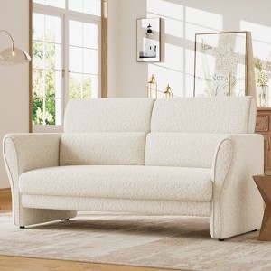 Modern Beige Couch, Deep Seat Loveseat Sofa with 2 Lumbar Pillows, High Backrest, Faux Lamb Upholstered Boucle Couch for Living Room, Bedroom - 1 of 4
