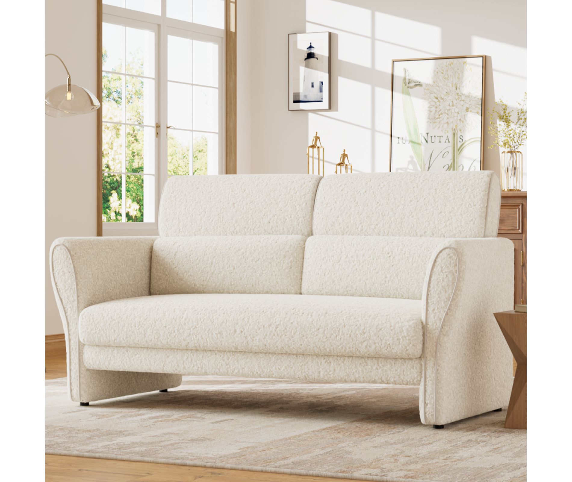 Modern Beige Couch, 57 Inch Deep Seat Loveseat Sofa with 2 Lumbar Pillows, High Backrest, Faux Lamb Upholstered Boucle Couch for Living Room, Bedroom