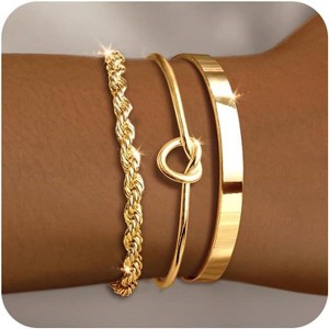 5 Piece Gold Bracelet Stack Set for Women with Bangle Cuff Paperclip and Chain Bracelets, Non Tarnish - 1 of 4