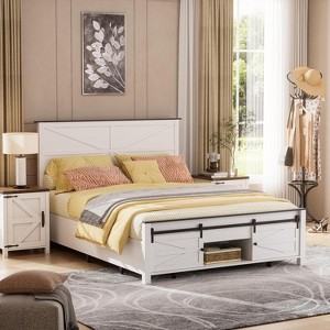 PAKASEPT Queen Farmhouse Bed Frame with Headboard, Sliding Barn Door and Storage, No Box Spring Needed - 1 of 4