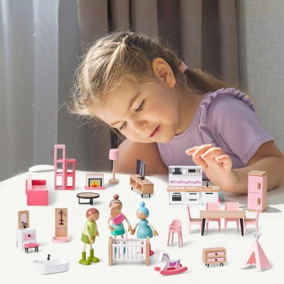 Etokfoks 32pcs Wooden Dollhouse Furniture Set with 4 Dolls for 5 Rooms Living Room Bedroom Kitchen Bathroom Kids Room Pretend Play Toy — фото 2