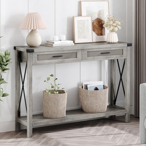 43" Console Table with Rattan Drawers, 2-Tier Farmhouse Narrow Entryway Table , Sofa Table, Console Tables for Entryway - 1 of 4
